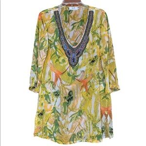 ULA Beaded Tunic Top Floral Print Yellow Green Cover Up‎ Medium